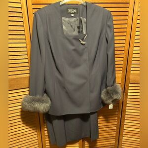 Solini New York Charcoal Skirt Suit with Removable Faux Fur Cuffs